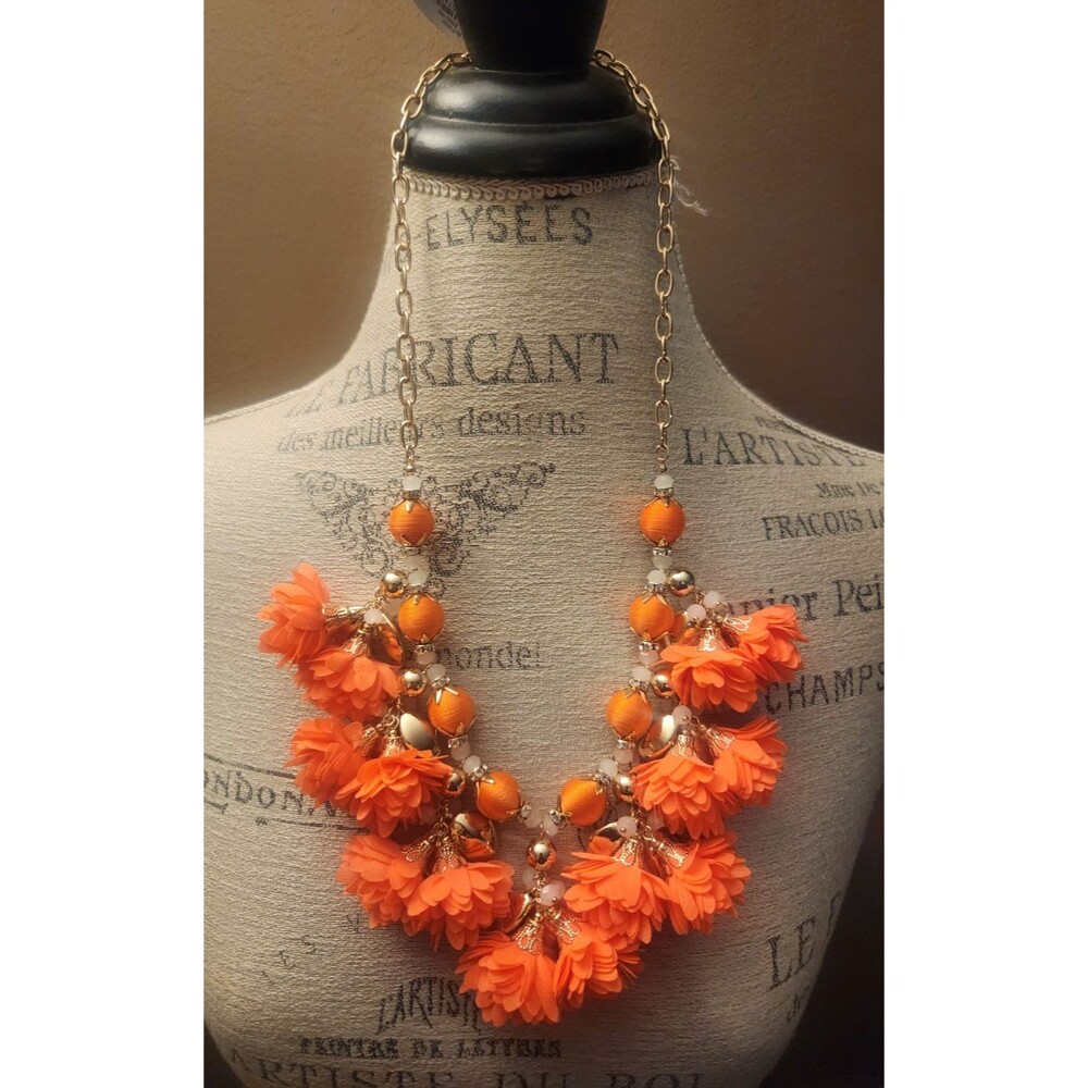 Lilly Pulitzer Necklace Full Bloom Tangero Orange Fabric Gold Tone Statement NWT